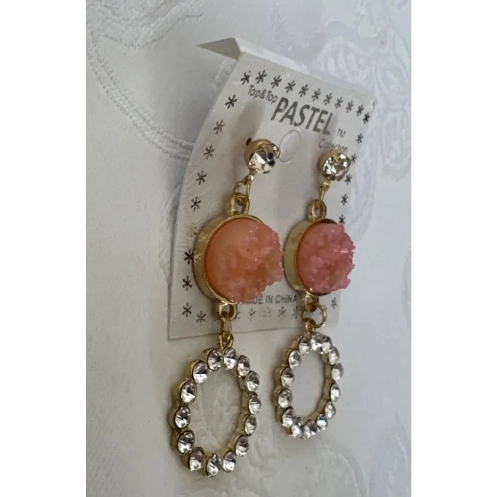 Pastel Faux Pink Stone Crystal Gold Rhinestone Earrings Dangle Drop Party NEW